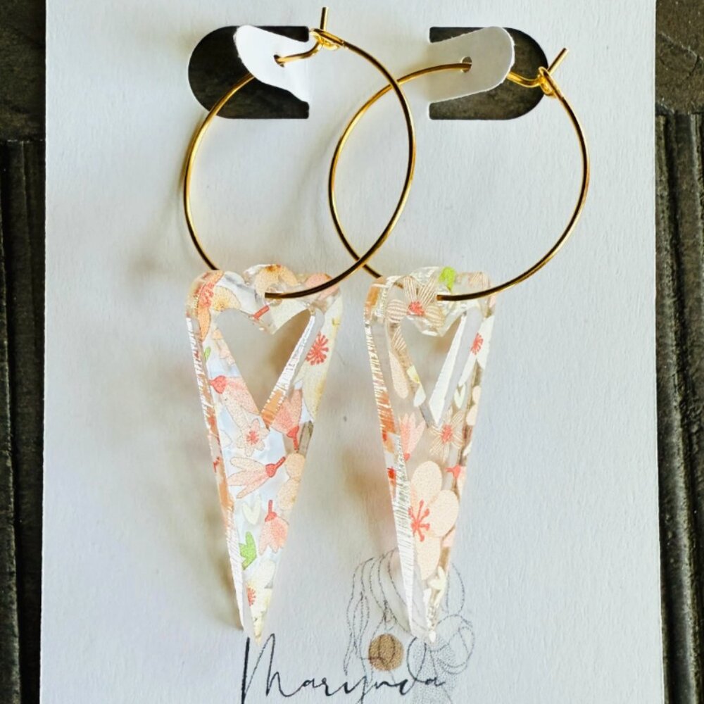 Pink Floral Heart Acrylic Earrings | Hypoallergenic | Golden Stainless Steel